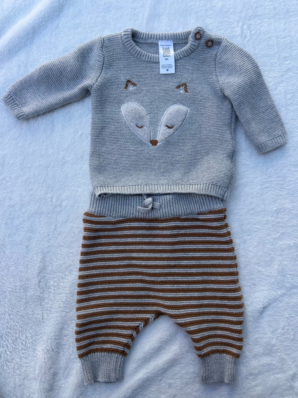 Knit Fox Sweater & Striped Pants Set in Gray and Brown